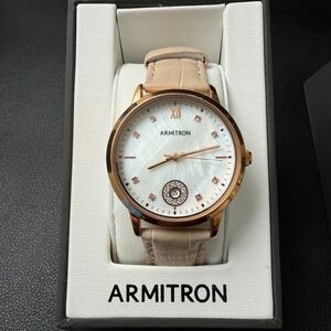 Armitron Womens 75/5834RG Rose Gold Tone Crystal Leather Strap Watch New Batter